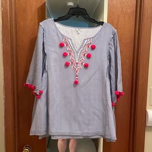 Crown & Ivy Trapeze Top with Pom-Pom Trim